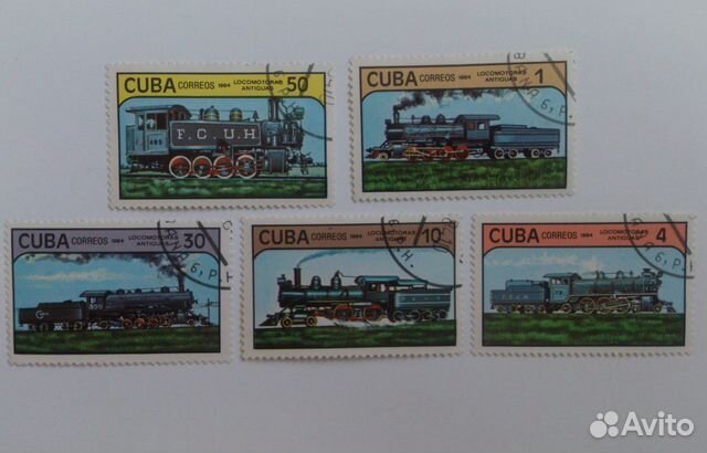 Марки-cuba correos locomotoras antiguas 1984