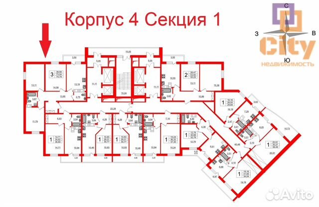 3-к квартира, 74.7 м², 13/22 эт.