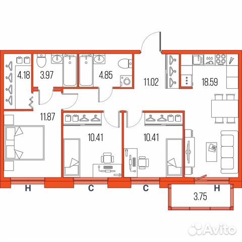 3-к квартира, 75.3 м², 14/22 эт.