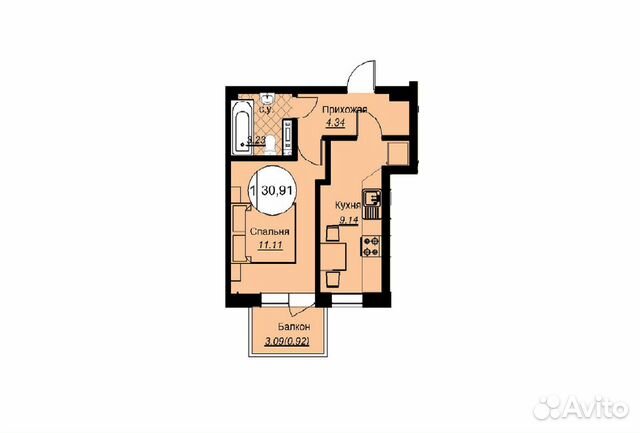 1-к квартира, 30.9 м², 7/7 эт.