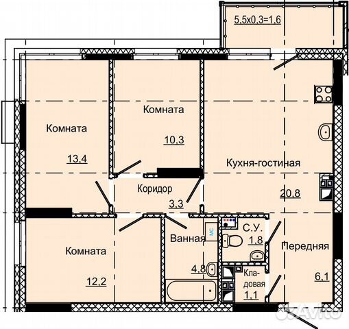 3-к квартира, 75.4 м², 12/17 эт.