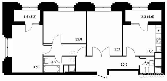 3-к квартира, 90.9 м², 13/24 эт. 3-к квартира, 90.9 м², 13/24 эт.