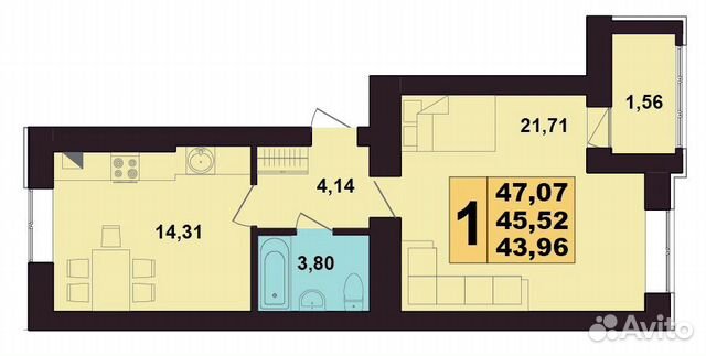 1-к квартира, 47 м², 1/10 эт.