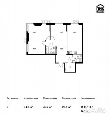 3-к квартира, 94.7 м², 12/13 эт.
