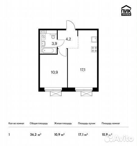 1-к квартира, 36.2 м², 9/9 эт.