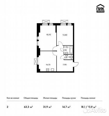 2-к квартира, 63.3 м², 24/33 эт. 2-к квартира, 63.3 м², 24/33 эт.