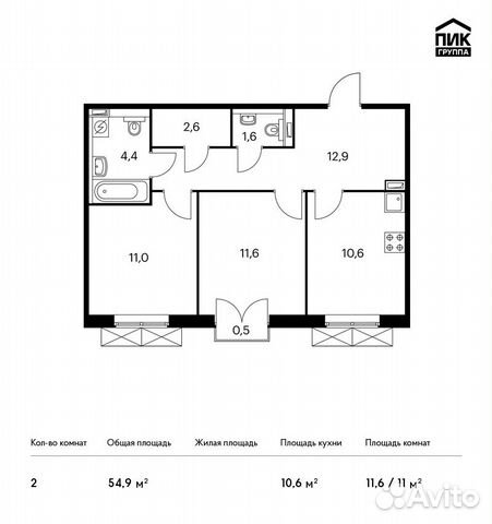 2-к квартира, 54.9 м², 5/9 эт.