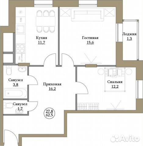 2-к квартира, 62.5 м², 12/17 эт. 2-к квартира, 62.5 м², 12/17 эт.