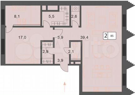 2-к квартира, 85 м², 2/6 эт.