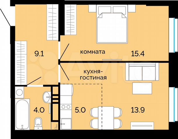 2-к. квартира, 47,4 м², 11/25 эт.