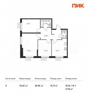 3-к квартира, 75.5 м², 28/33 эт.