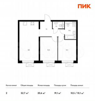 2-к квартира, 52.7 м², 12/33 эт.