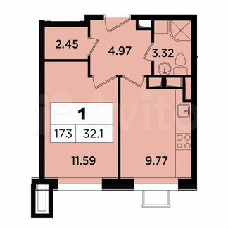 1-к апартаменты, 32.1 м², 13/18 эт.