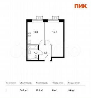 1-к апартаменты, 36.2 м², 12/15 эт.