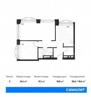 2-к апартаменты, 56.1 м², 4/24 эт.